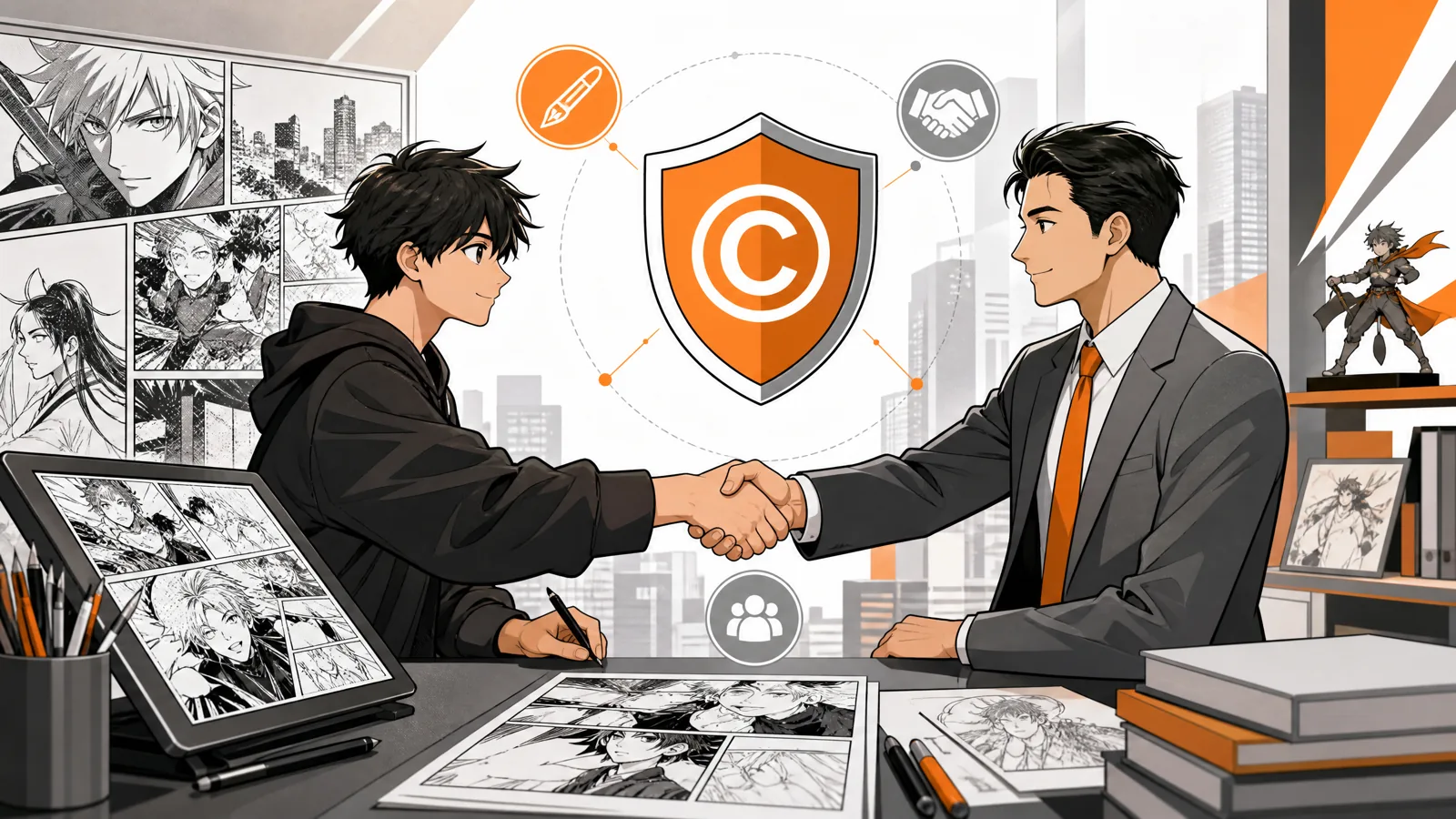 漫画商业合作签约与版权保护示意图